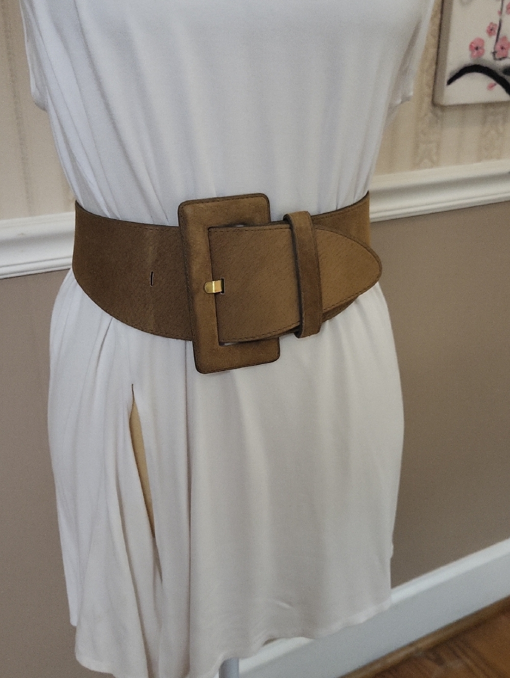 Express Wide Tan Suede Belt with Statement Buckle